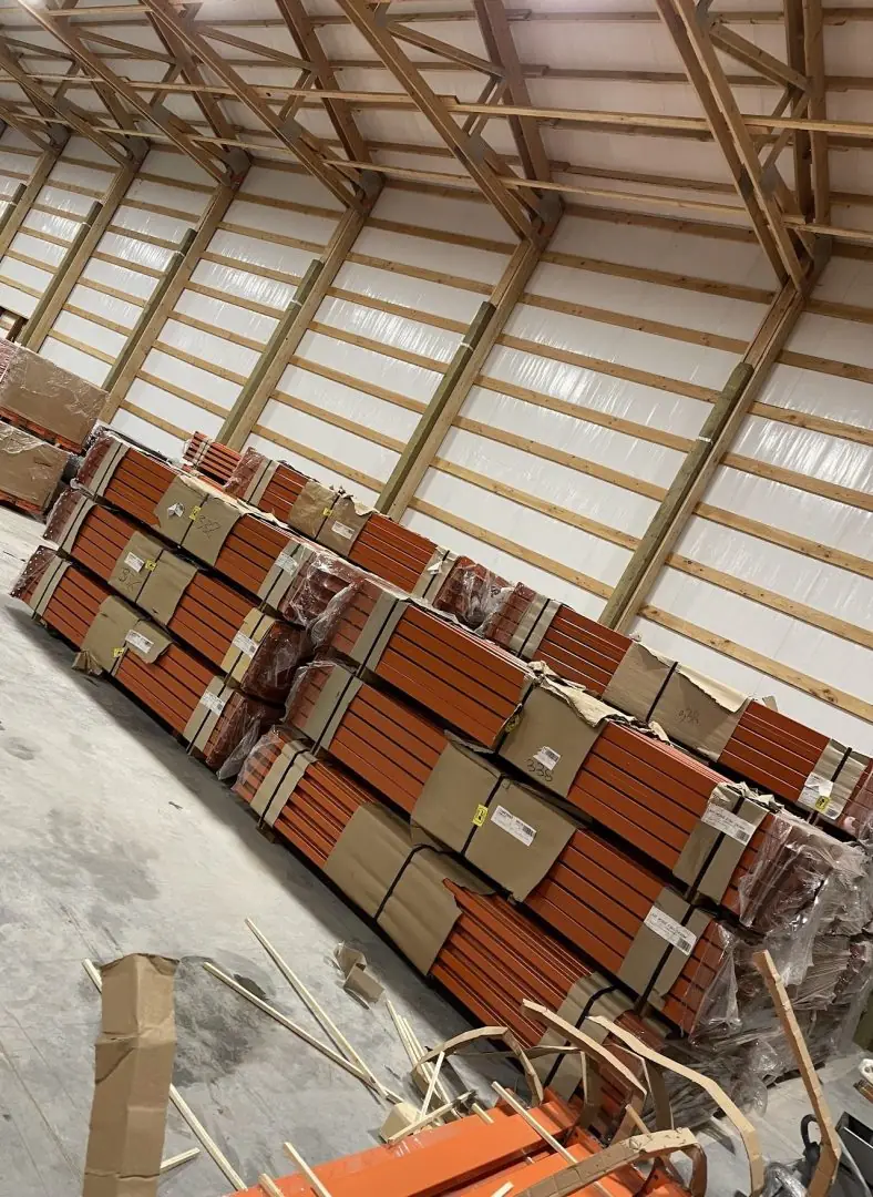 Pallet rack beam inventory stacked at the Albany warehouse