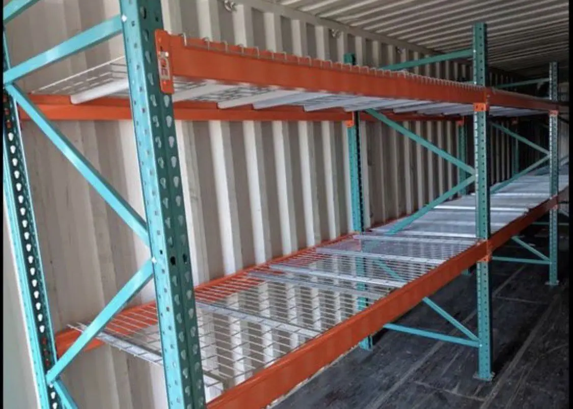 Close-up of wire decks on a pallet rack shelf